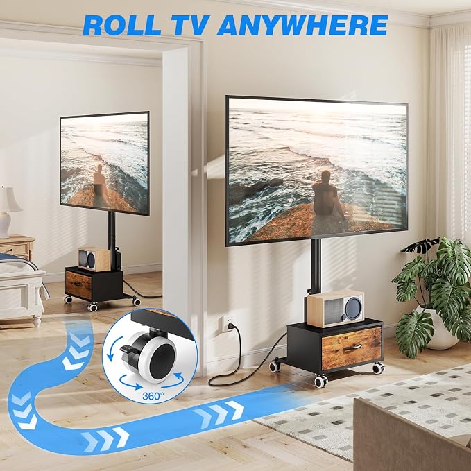 Rfiver Rolling TV Stand with Power Outlet and Drawer for 32-60 Inch TVs, Swivel Mobile TV Cart with Wheels, 6-Level Height Adjustable Floor TV Mount up to 88lbs, Max VESA 400x400mm