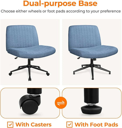 NEO CHAIR Criss Cross Chair with Wheels Armless Cross Legged Office Desk Wide Comfy Vanity Makeup Chair Adjustable Swivel Rolling Computer for Home Office Fabric (Blue)