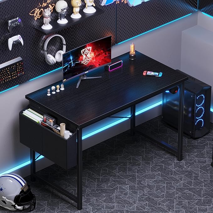OLIXIS Computer Desk, 44 Inch Home Office Desks for Small Spaces, Writing Craft Study Gaming Table for Bedroom, Modern Computer Workstation with Storage Bag and Headphone Hook, Black