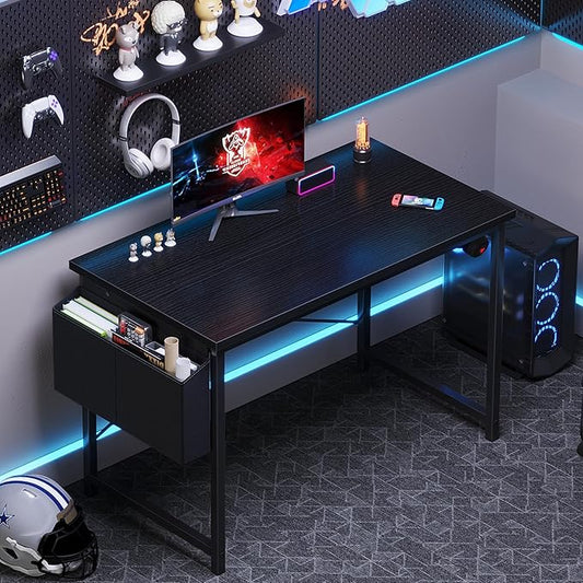 OLIXIS Computer Desk, 44 Inch Home Office Desks for Small Spaces, Writing Craft Study Gaming Table for Bedroom, Modern Computer Workstation with Storage Bag and Headphone Hook, Black