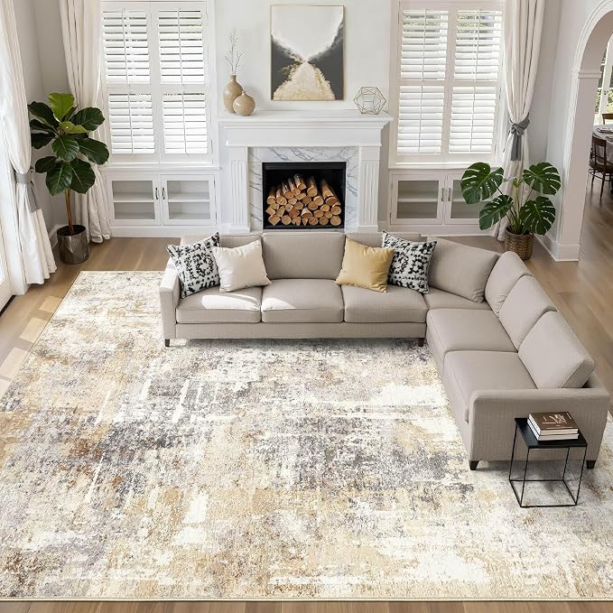 12x18 Rug Living Room: Washable Extra Large Abstract Modern Soft Area Rug Stain Resistant Indoor Floor Non-Slip Accent Carpet for Bedroom Nursery Playroom Office Dining Room Home House- Gray Gold