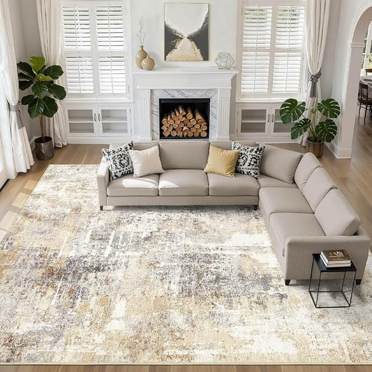 10x13 Area Rug Living Room: Washable Large Abstract Modern Soft Rugs Stain Resistant Indoor Floor Non-Slip Accent Carpet for Bedroom Nursery Playroom Dining Room Office Dorm Home House- Grey Gold