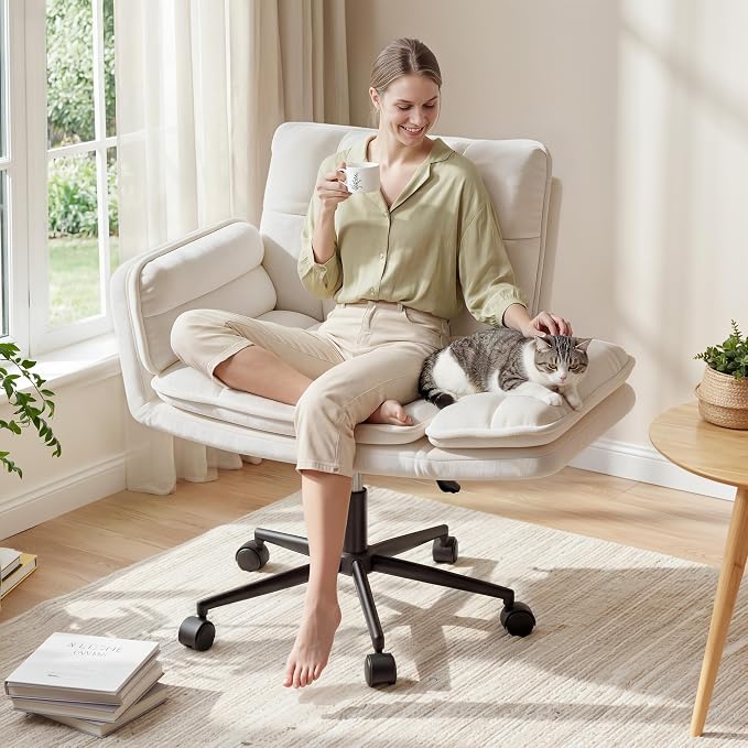 DurayLoly Criss Cross Chair with Flip-Up Arms & Swivel Wheels, Cross Legged Chair with Adjustable Height Comfortable Wide Seat Reclining Computer Office Desk Chairs for Home Office, Make Up, Bed Room