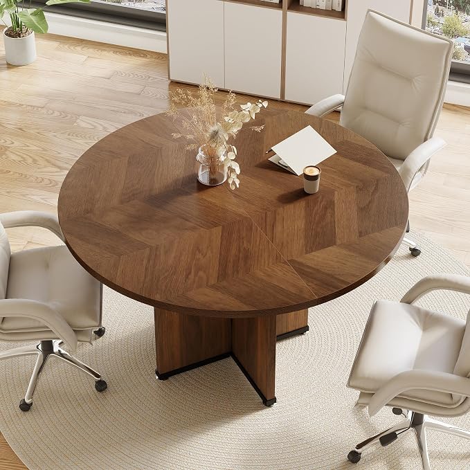 LITTLE TREE 39-Inch Conference Table for 4, Round Meeting Table with X-Shape Pedestal, for Office, Conference Room, Small Spaces, Dark Brown