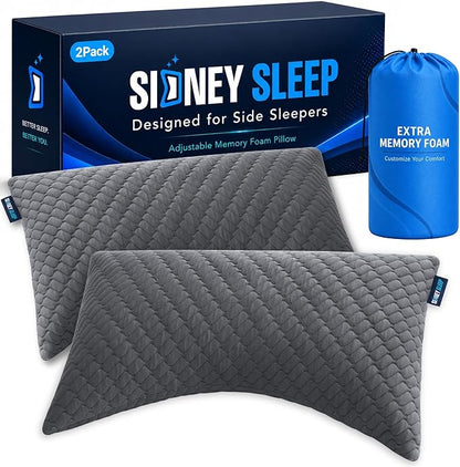 Sidney Sleep Set of 2 Queen Size Bed Pillows for Side and Back Sleepers - Adjustable Filling - Memory Foam Pillows for Neck and Shoulder Pain - Customizable Loft - Extra Foam Included (Grey)
