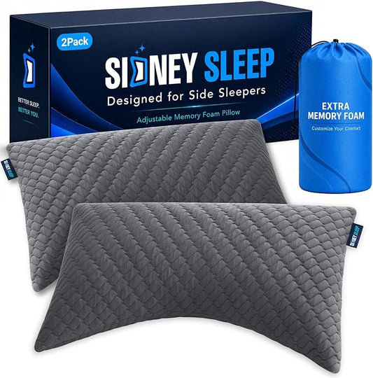Sidney Sleep Set of 2 Queen Size Bed Pillows for Side and Back Sleepers - Adjustable Filling - Memory Foam Pillows for Neck and Shoulder Pain - Customizable Loft - Extra Foam Included (Grey)