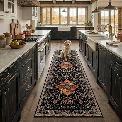 RELEANY Area Rugs Runner 2'x8' Washable Non-Slip, Floral Vintage Distress Medallion Carpet for Kitchen Hallway Bedroom Beside Laundry Room Bathroom, Black Colorful Floral Dark Tan