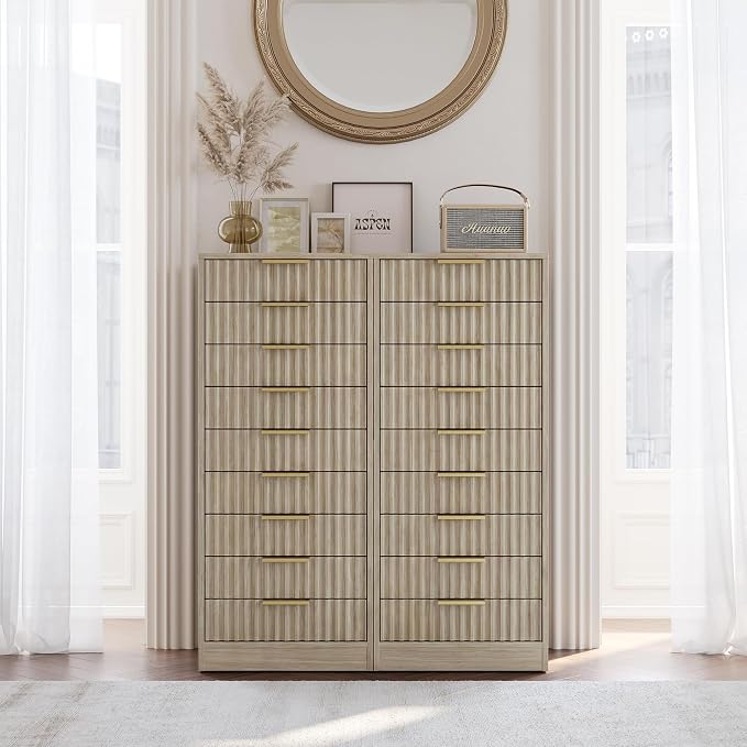 9 Drawer File Cabinet, Wooden Office Cabinet with Drawers, Fluted Storage Filing Drawer for Home Office, Light Walnut