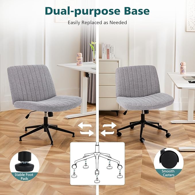 OLIXIS Criss Cross Chair with Wheels Wide Cross Legged Office Desk Vanity Chair Comfy Fabric Armless Height Adjustable Swivel for Home Computer Task Gray