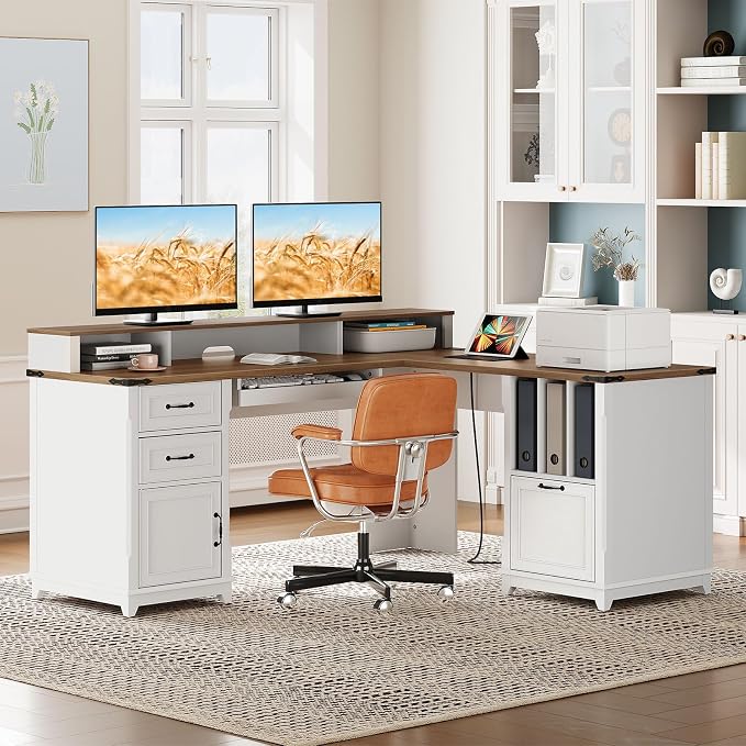 RALGEND 2 Pack Farmhouse 69" Executive L Shaped Desk with Drawer, Home Office Desk with Charging Station, Corner Computer Desk with Monitor Stand,Drawer, Storage Cabinet, White and Walnut