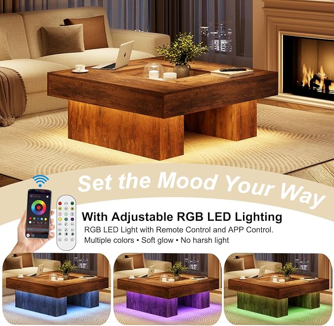 LVB Rustic Coffee Table, Large Wood Living Room Table with Storage, Modern Low Wide Square Led Center Table, Farmhouse Unique Tea Table with LED Light for bedroom Home Office, 39.37 Inch, Rustic Brown