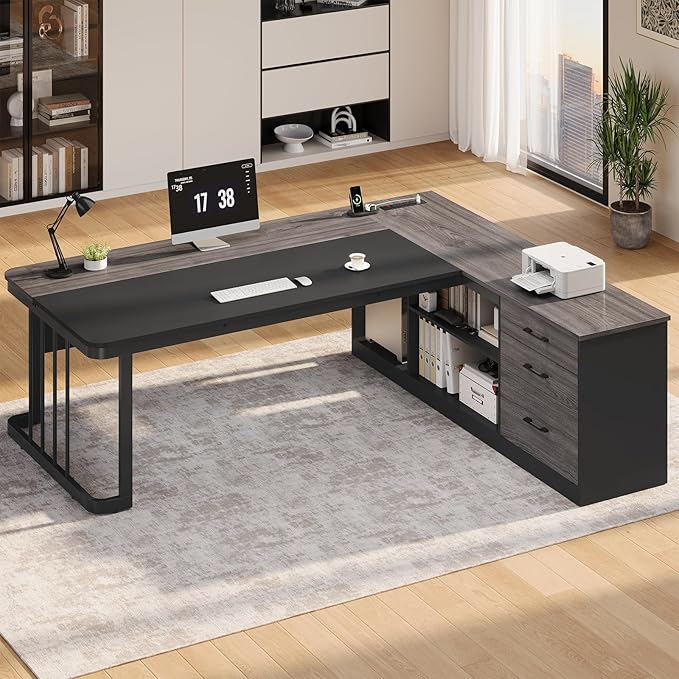 UPOSOJA 71" Executive Desk, Large Office Desk with Drawers & Storage Shelves, Modern L Shaped Computer Desk Corner Desk with Power Outlets, File Cabinet, Business Furniture Desk Workstation (Grey)
