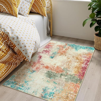 Lahome Abstract Kitchen Rugs Washable, 3x5 Ultra Thin Soft Small Area Rug for Living Room Non-Slip, Low-Pile Indoor Modern Colorful Bedroom Throw Carpet for Entryway Office Bathroom