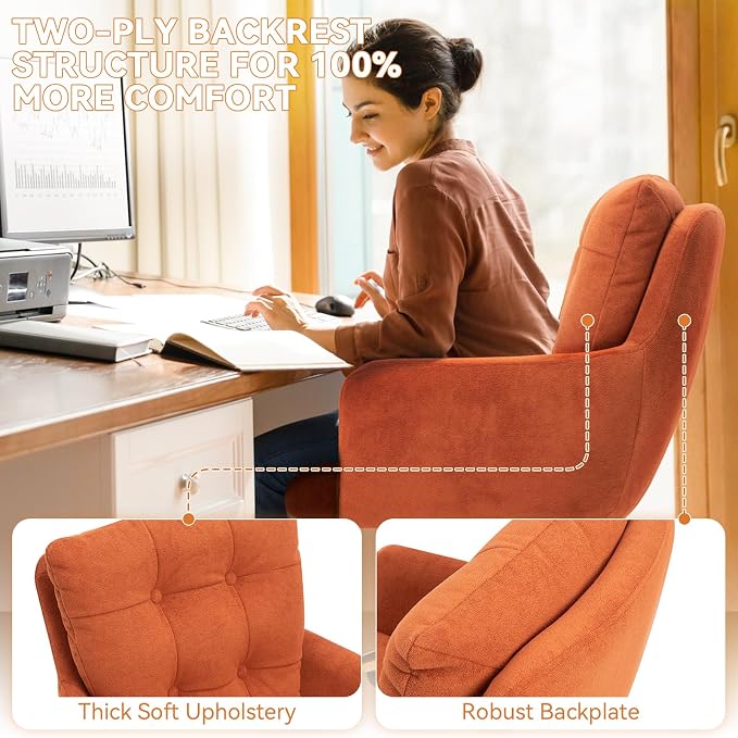 Flannel Office Chair, Comfy Home Office Desk Chairs with Lumbar Support, Modern Velvet Desk Chair Gold Legs Small Swivel Task Chair for Home Office, Bedroom, Study (Orange, L)