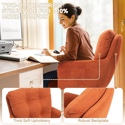 Flannel Office Chair, Comfy Home Office Desk Chairs with Lumbar Support, Modern Velvet Desk Chair Gold Legs Small Swivel Task Chair for Home Office, Bedroom, Study (Orange, L)