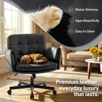 Criss Cross Chair with Wheels & Armrests - PU Leather Comfy Wide Seat Cross Legged Desk Office Chair - Comfortable Swivel Rolling Tilting Vanity Chair with Back for Home Office Makeup Bedroom