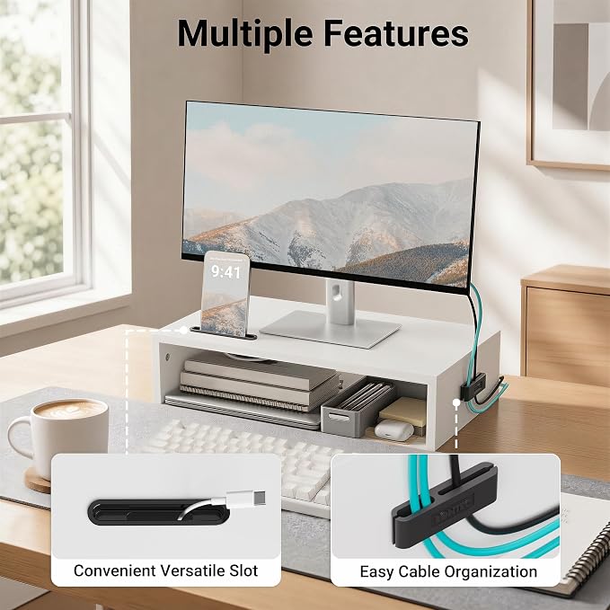 BONTEC Monitor Stand Riser with Cellphone Holder & Cable Management, 16.7 Inch Wood Monitor Riser Stand, Desktop Stand for PC/TV/Laptop/Printer, White