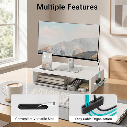 BONTEC Monitor Stand Riser with Cellphone Holder & Cable Management, 16.7 Inch Wood Monitor Riser Stand, Desktop Stand for PC/TV/Laptop/Printer, White