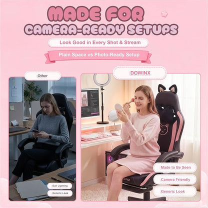Dowinx Pink Gaming Chair with Cat Ears and Massage Lumbar Support, Ergonomic Computer Chair with Footrest and Headrest, Comfortable Reclining Game Chair 290lbs for Adults, Black