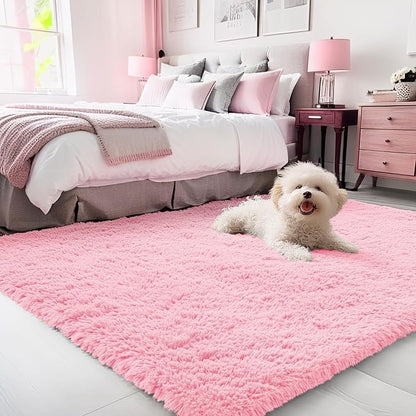 OLANLY 3x5 Machine Washable Small Bedside Rug, Soft Fluffy Shaggy Rugs for Living Room, Bedroom, Indoor Floor Carpet for Kids Girls and Boys, Preppy Dorms, Nursery, Home Decor Aesthetic, Pink
