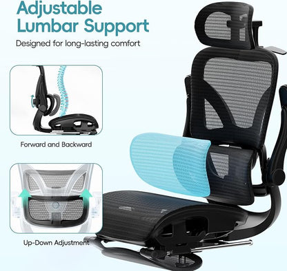 Alllion Ergonomic Mesh Office Chair, Home Desk Chair Comfy High Back with Adjustable Lumbar Support, 3D Headrest, Flip-up Arms, Big and Tall Reclining Computer Gaming Chairs for Men Women, Black