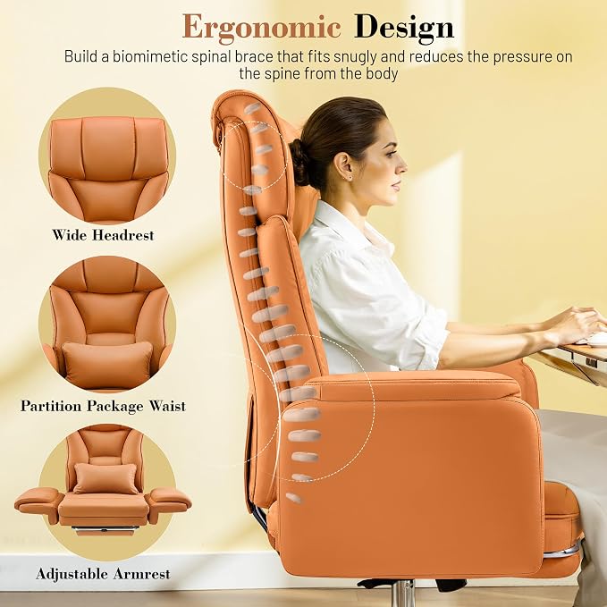 Big and Tall Office Chair, 400LBS Wide Leather Gaming Chair with Footrest, High Back Executive Chair, Reversible Armrest for Pets, 135° Reclining Cross Legged Desk Chair with Lumbar Support(Brown)