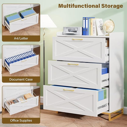 Halitaa File Cabinet 3 Drawers Lateral File Cabinet with Charging Station for Letter/Legal/A4 Size Hanging Files, Large Wood File Storage Cabinets Printer Stand for Home Office, White and Gold