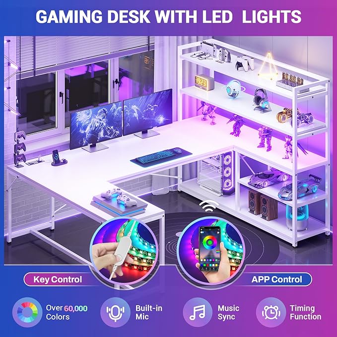 SEDETA L Shaped Computer Desk, 63” Reversible Office Desk or Corner Desk with Storage Shelves, White Gaming Desk with LED Lights, Power Outlet
