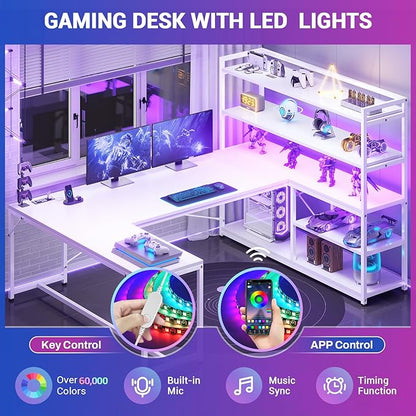 SEDETA L Shaped Computer Desk, 63” Reversible Office Desk or Corner Desk with Storage Shelves, White Gaming Desk with LED Lights, Power Outlet