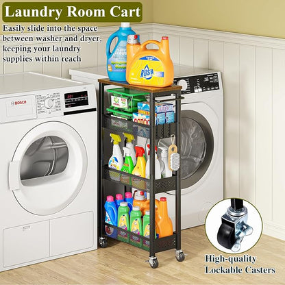 OKZEST Utility Slim Storage Cart, 4 Tier Small Rolling Kitchen Laundry Room Cart with Wood Top, Metal Narrow Bathroom Storage Cabinet Mobile Shelf Unit Organizer Trolley with Handle for Narrow Space