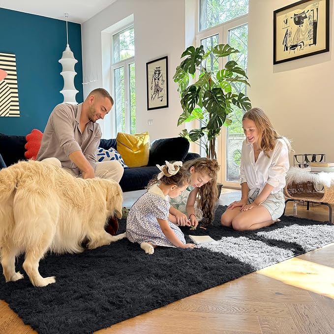 OLANLY 2x2 Machine Washable Small Rug, Soft Fluffy Shaggy Throw Rug for Bedroom, Entryway, Indoor Floor Carpet for Kids, Nursery, Home Decor, Black