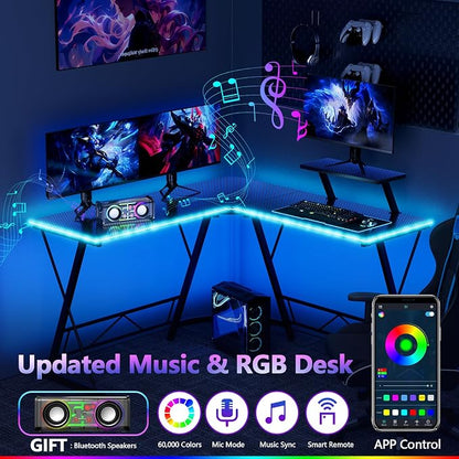 Mr IRONSTONE Gaming Desk with LED Lights and Speakers, L Shaped Desk Corner with Cup Holder & Headphone Hook, Computer Desk Home Office Desks with Monitor Stand, Carbon Fiber Surface, Black 51 Inch