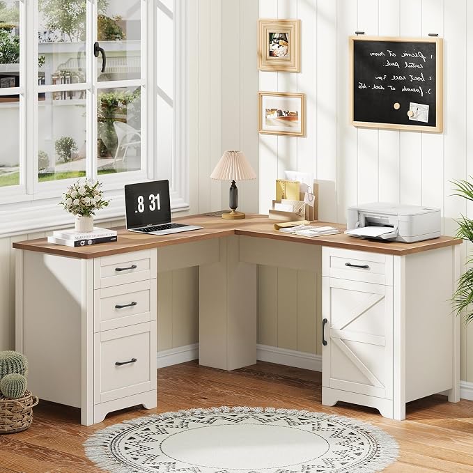 Vabches 59” L Shaped Executive Desk with Power Outlets, Farmhouse Home Office Desk with File Drawer,Storage Cabinet, Wood Corner Sturdy Writing Workstation.White