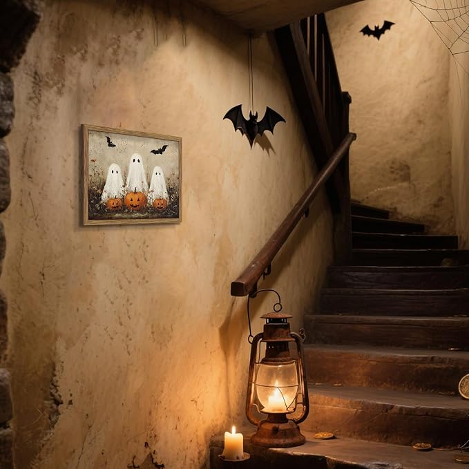 Framed Rustic Halloween Ghost Wall Art - Vintage Farmhouse Ghosts Pumpkins and Bats Canvas Print, Country Cottage Halloween Wall Decor for Living Room Bedroom, 12x16in Wood Frame