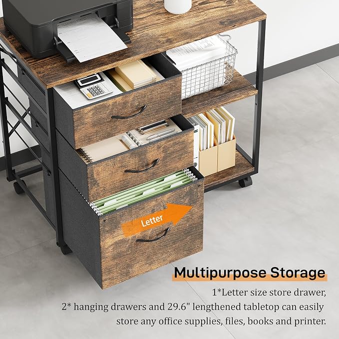 VINGLI 3 Drawer File Cabinet with Wheels Under Desk Printer Stand, Rolling File Cabinet with Shelves Adjustable, Mobile Lateral Filing Cabinet for Home Office, Fits Letter Size, Rustic Brown