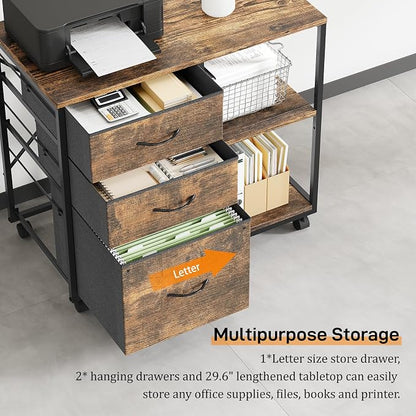 VINGLI 3 Drawer File Cabinet with Wheels Under Desk Printer Stand, Rolling File Cabinet with Shelves Adjustable, Mobile Lateral Filing Cabinet for Home Office, Fits Letter Size, Rustic Brown