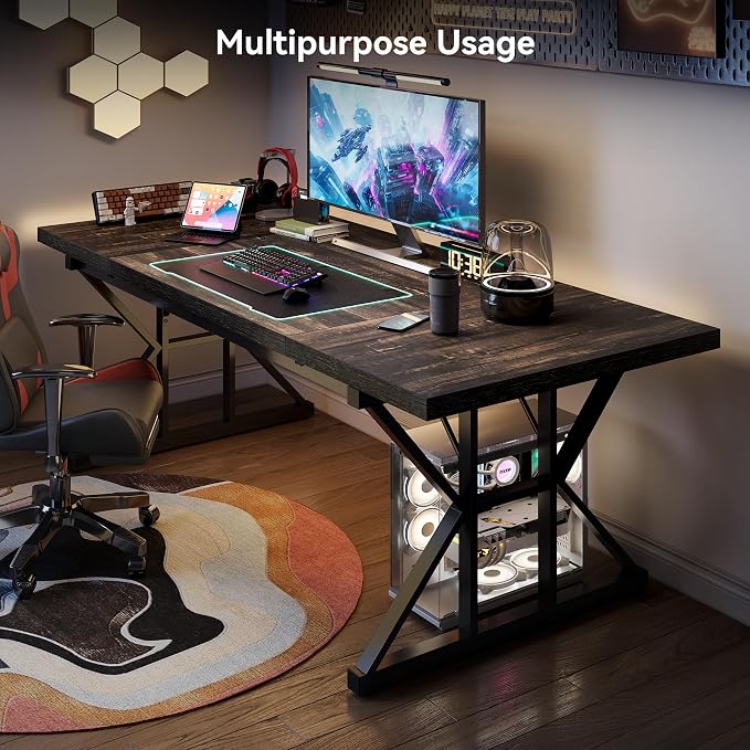 LITTLE TREE 70.8-Inch Large Executive Desk, Extra Long Computer Office Desk Workstation, Modern Simple Style Laptop Table, Sturdy Wooden Writing Workstation for Home Black Oak