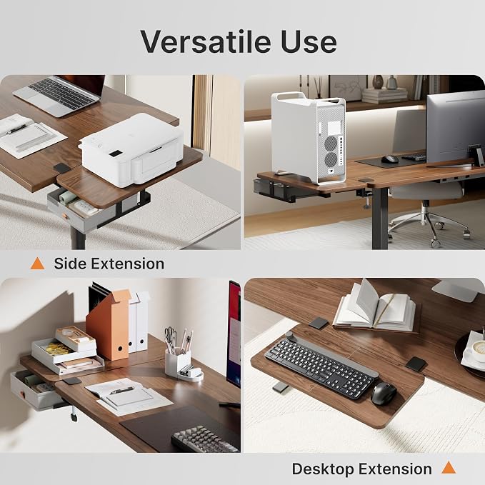 PEGZONE Desk Extender Tray, 24" x 12", with Storage Drawer, Medium, Walnut | Desk Extension, Clamp on Desk Shelf, Clamp On Keyboard Tray for Office and Home, Workstation Organizer