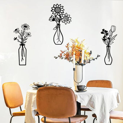 Mcdagogn 3 Pieces Metal Flowers Wall Arts - Rustic Farmhouse Wall Decor, Minimalist Black and White Wall Decor for Living room Bathroom Bedroom Dining Room Kitchen Office - Housewarming Gifts