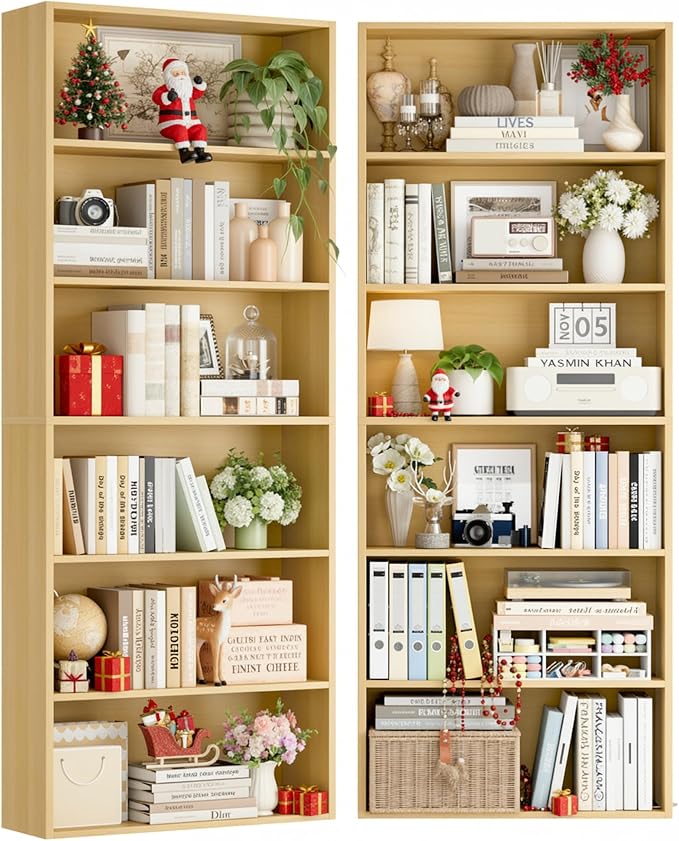 FOTOSOK 6-Tier Open Bookcase and Bookshelf, Freestanding Display Storage Shelves Tall Bookcase for Bedroom, Living Room and Office,Natural Set of 2