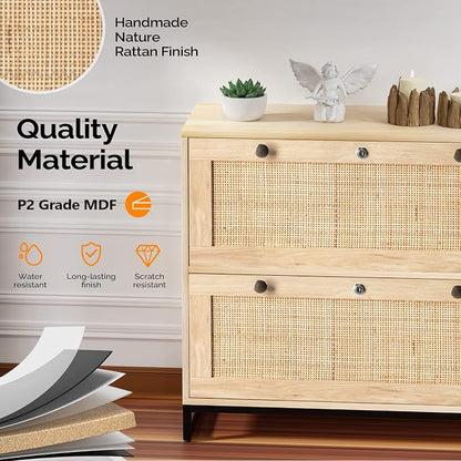 VINGLI Wood Rattan 2 Drawer Lateral File Cabinet with Lock for Home Office, Lockable Filing Cabinet with Rustic Metal Handles for Hanging Letter/A4/Legal Size Labeled Folders, Oak, 30W x 16D x 28H