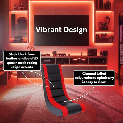 The Crew Furniture Classic Video Rocker Floor Gaming Chair, for Kids and Teens, PU Faux Leather & Polyester Mesh, Black/Red
