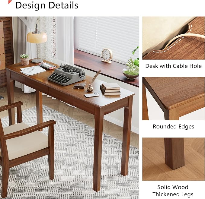 Wood Desk, Solid Wood Writing Table for Home Office, Mid Century Modern Desk with Drawers, Walnut (47inch / 120cm)