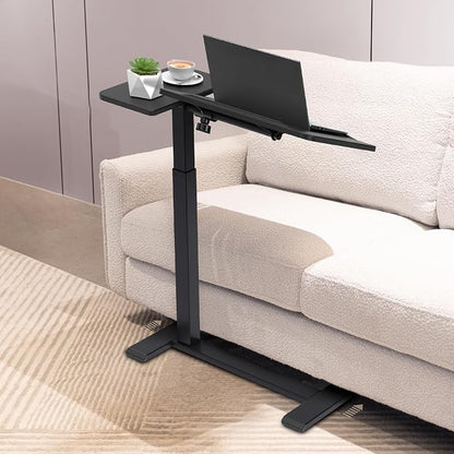 Adjustable Overbed Bedside Table with Hidden Wheels, Pneumatic Tilt Board Rolling Laptop Standing Desk Cart, Mobile Over Bed Sofa Chair Side End Tables, Walnut (Black)