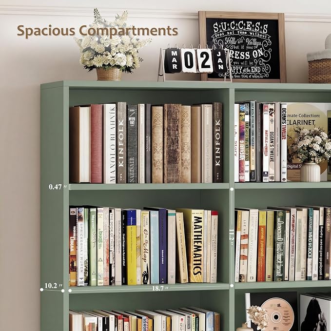 HOSTACK 71" Tall Triple Wide Bookshelf with Doors & Drawers, Modern Wood Bookcase for Storage, 6-Tier Large Bookcase with Display Shelves, Space-Saving Bookshelf for Living Room, Home Office, Green