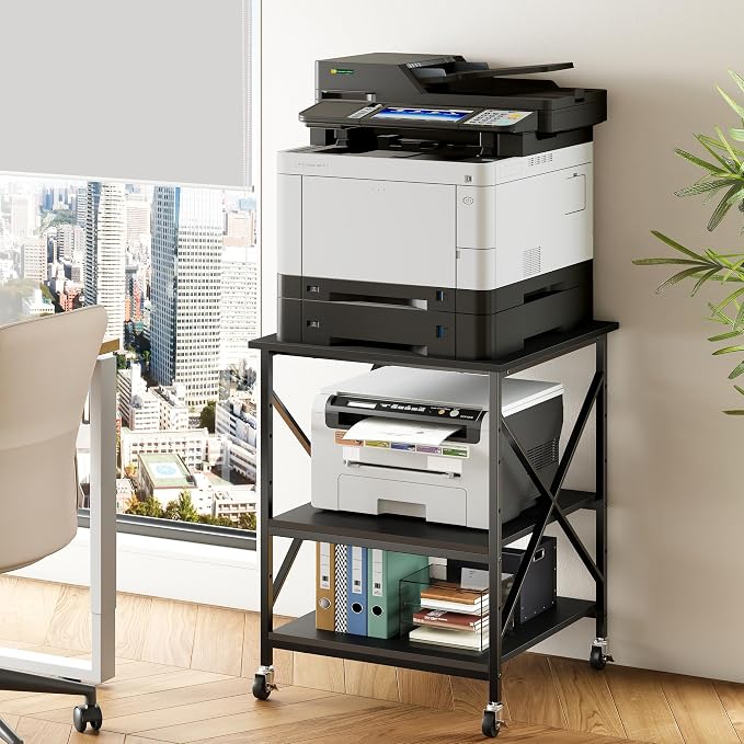 Warmiehomy 24"x24"x30" Large Printer Stand with Storage, 3 Tier Rolling Printer Cart Table, Mini Fridge Stand with Wheels, Use for 3D Laser Printer Home Office, Black