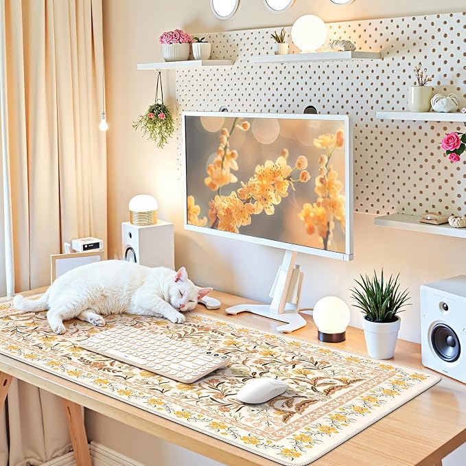 iCasso Desk Matt for Desktop, Cute Desk Pad Mat, XXL Large Mouse Pad, Anti-Slip Big Mousepad with Stitched Edges, Keyboard Pad Mouse Mat for Computer (Yellow Floral)