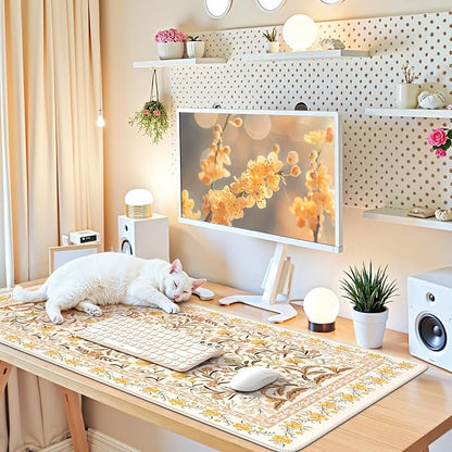 iCasso Desk Matt for Desktop, Cute Desk Pad Mat, XXL Large Mouse Pad, Anti-Slip Big Mousepad with Stitched Edges, Keyboard Pad Mouse Mat for Computer (Yellow Floral)