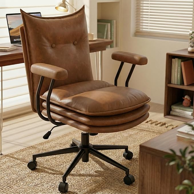 Brown Leather Office Chair with Triple-Layer Seat, Home Desk Chair | Comfy 7.3-inch Thick Cushion, Mid Back Ergonomic Support for Long Hours, Smooth Silent Wheels, Mid-Century Vintage Style