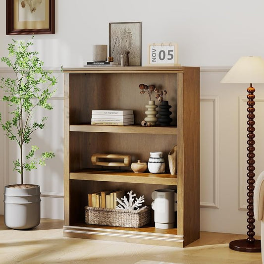 blini 3-Shelf Bookcase Wooden Bookshelves 33in Wide Floor Standing Display Storage Shelves Vintage Oak Bookcase for Home Office, Living Room, Bed Room